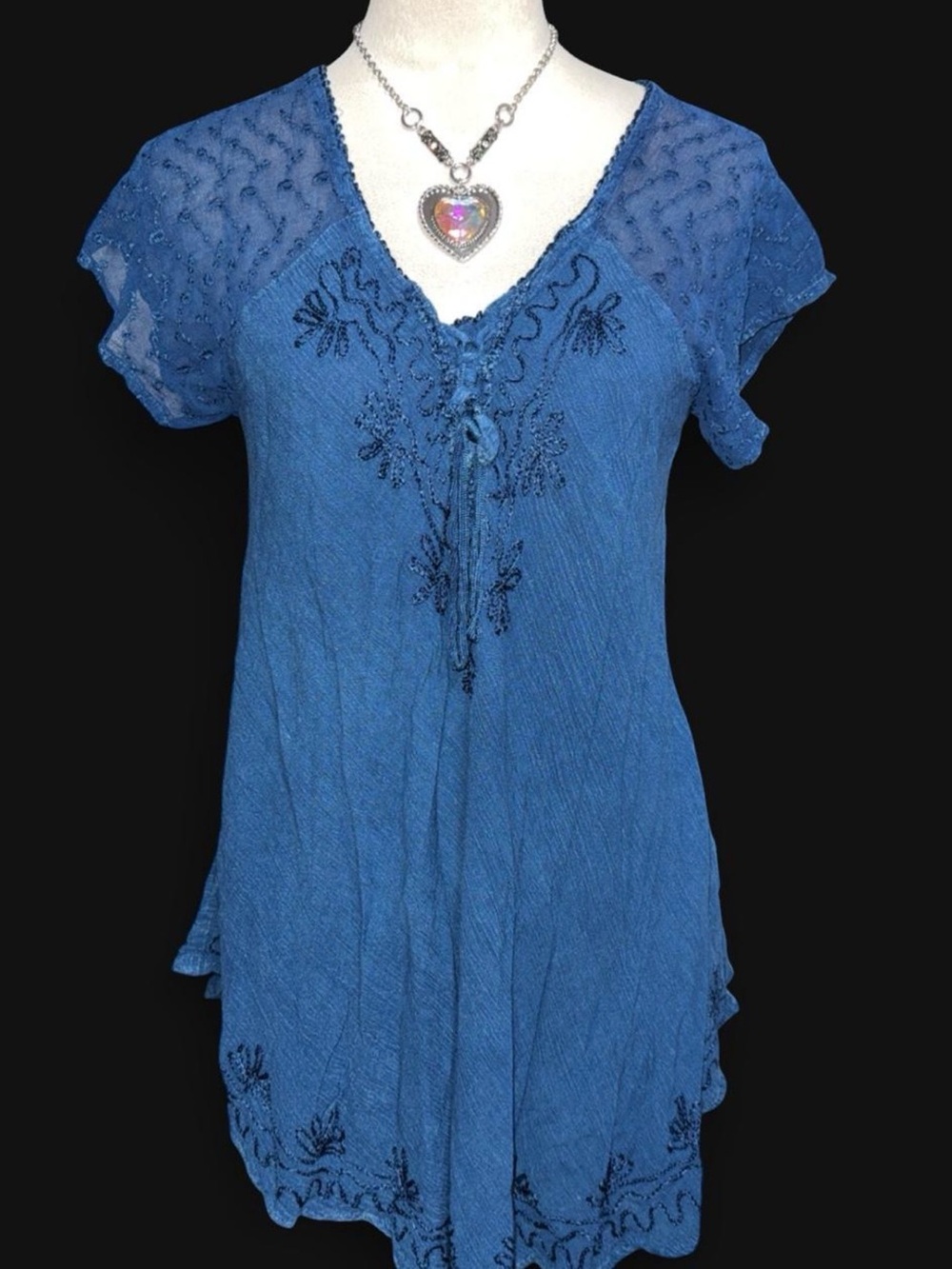 Blue Embroidered V-Neck Tunic Top for Women